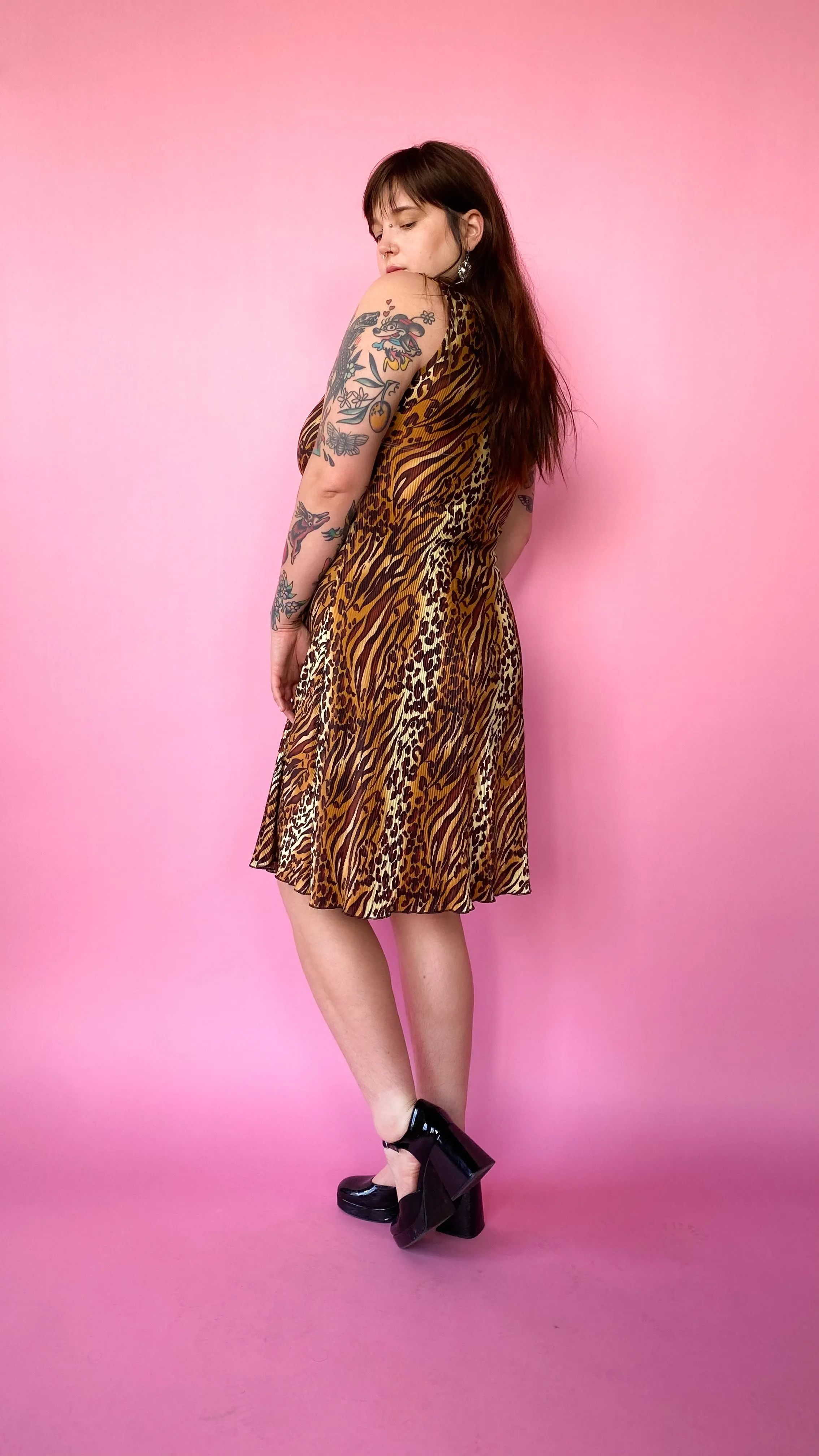 1990s Plisse Animal Print Dress, sz. XL