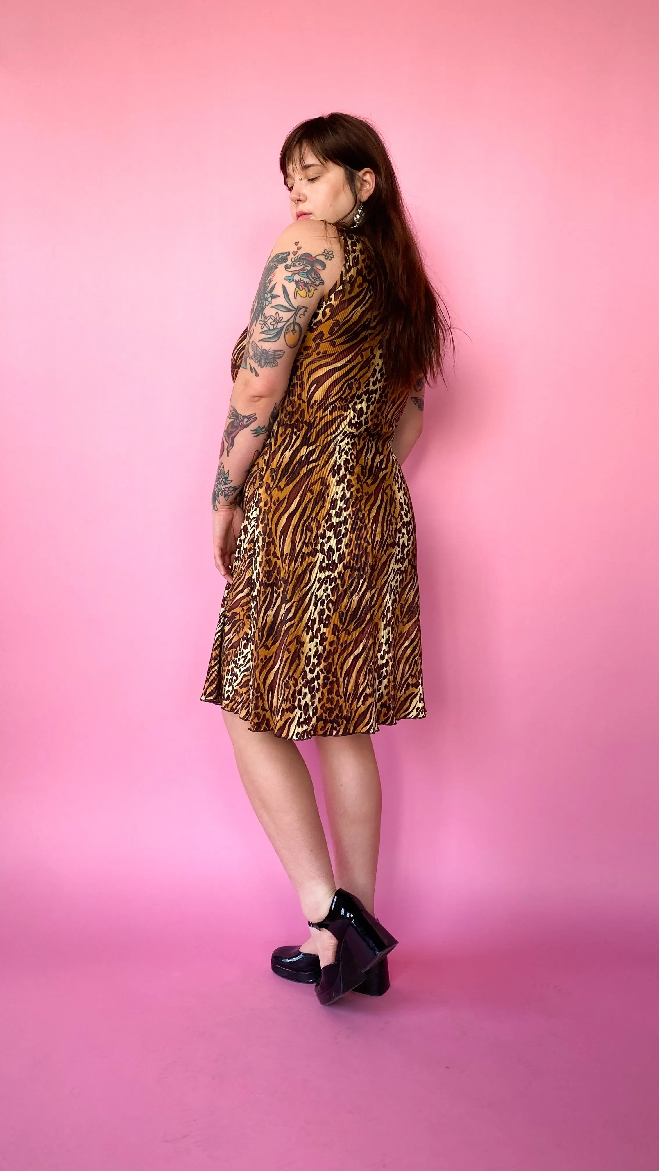 1990s Plisse Animal Print Dress, sz. XL