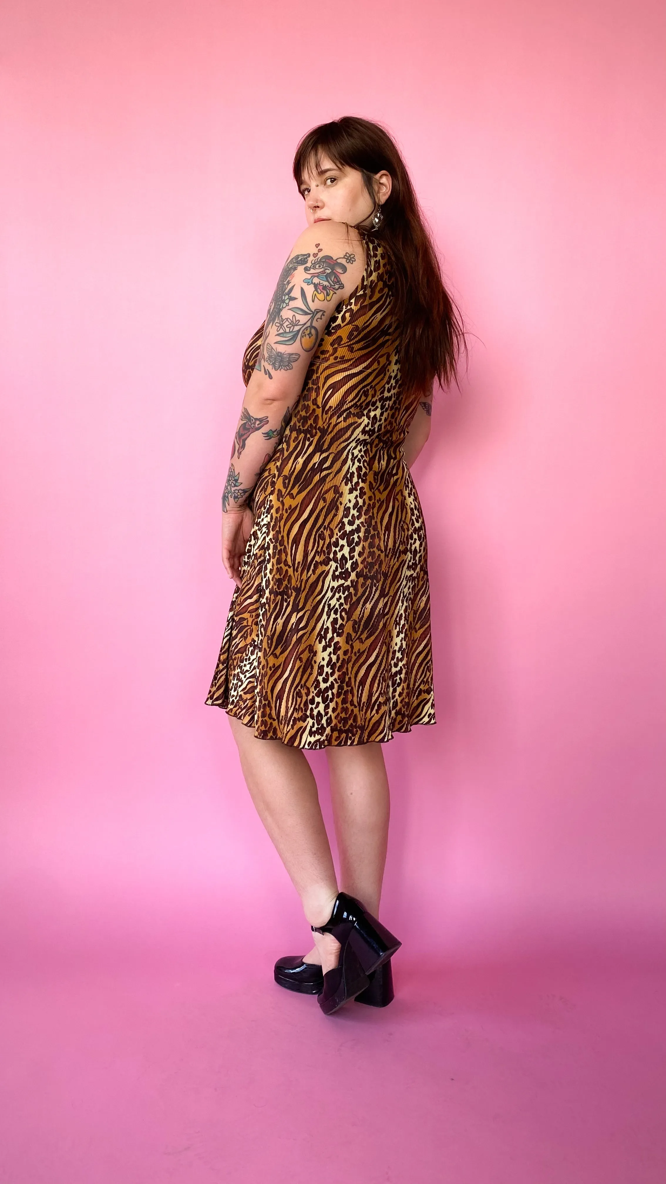 1990s Plisse Animal Print Dress, sz. XL