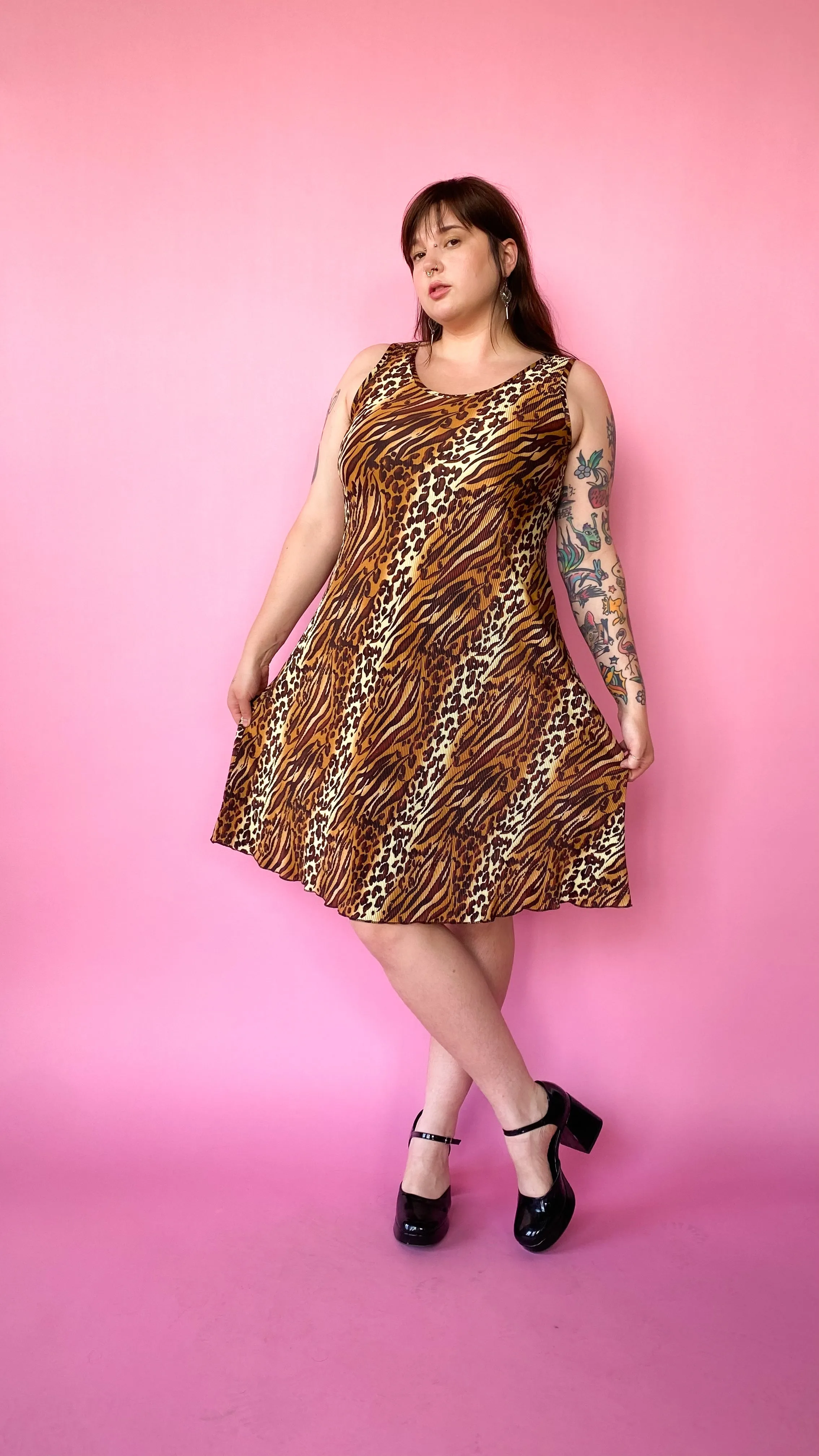 1990s Plisse Animal Print Dress, sz. XL