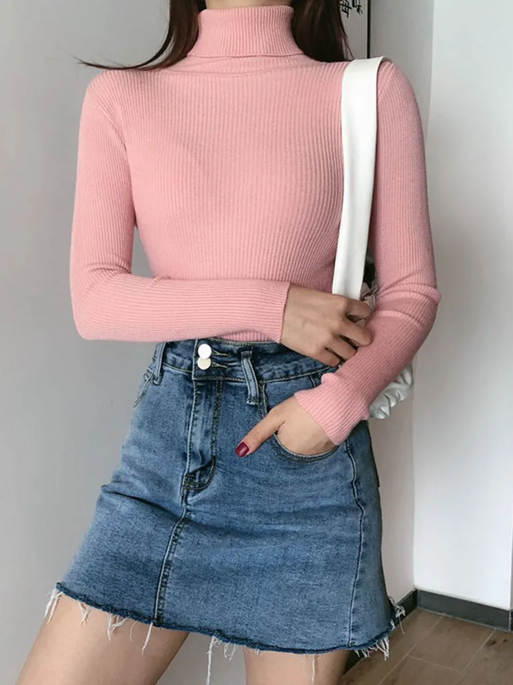 2022 Autumn Winter Knitted Sweater Pullovers Turtleneck Sweater For Women Long Sleeve White Black So