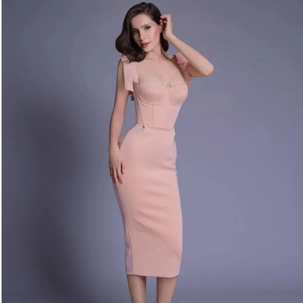 2024 New Pink White Sexy Sleeveless Bodycon Midi Dress