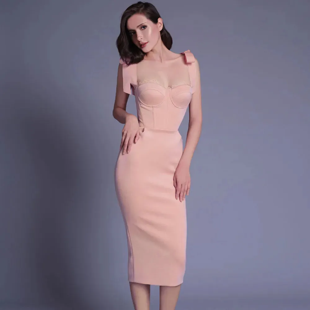2024 New Pink White Sexy Sleeveless Bodycon Midi Dress