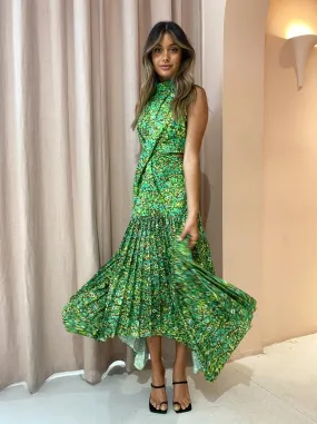 Alemais Phyllis Twist Front Pleat Dress in Acid Green