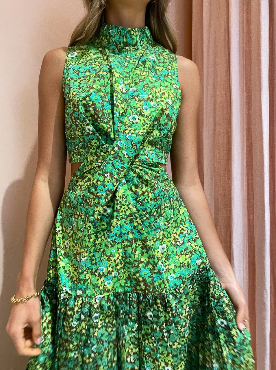 Alemais Phyllis Twist Front Pleat Dress in Acid Green