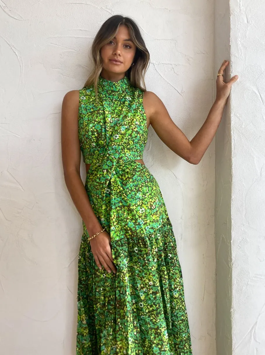 Alemais Phyllis Twist Front Pleat Dress in Acid Green