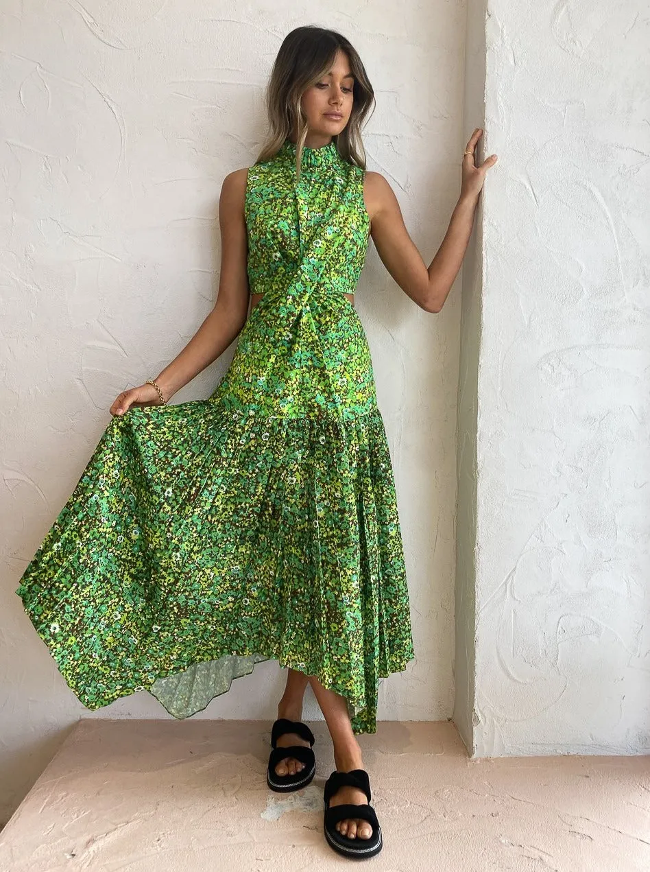 Alemais Phyllis Twist Front Pleat Dress in Acid Green