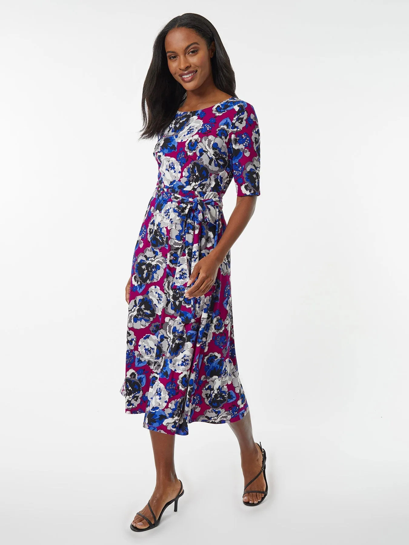 Belted Fit and Flare Jersey Knit Dress