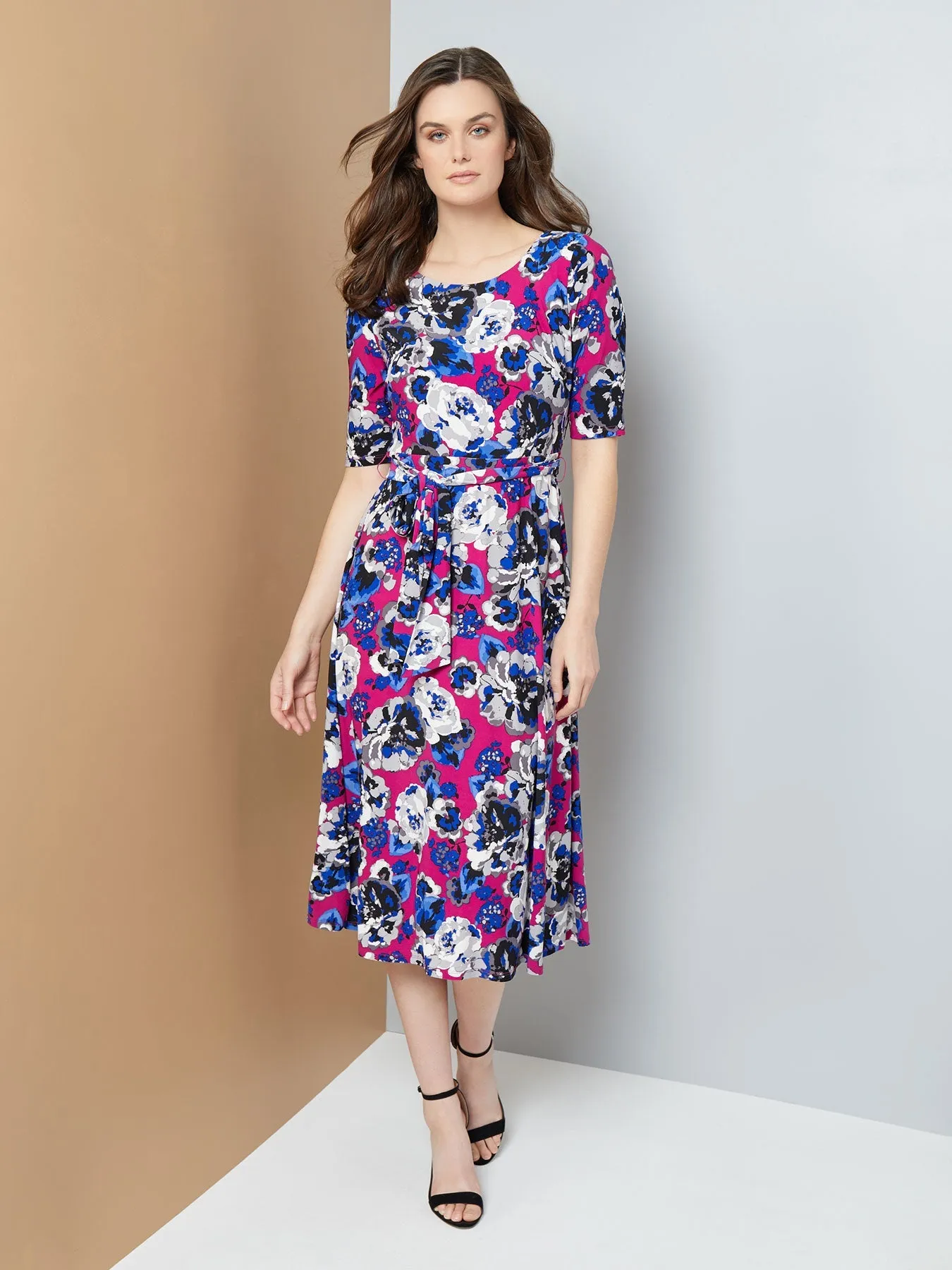 Belted Fit and Flare Jersey Knit Dress