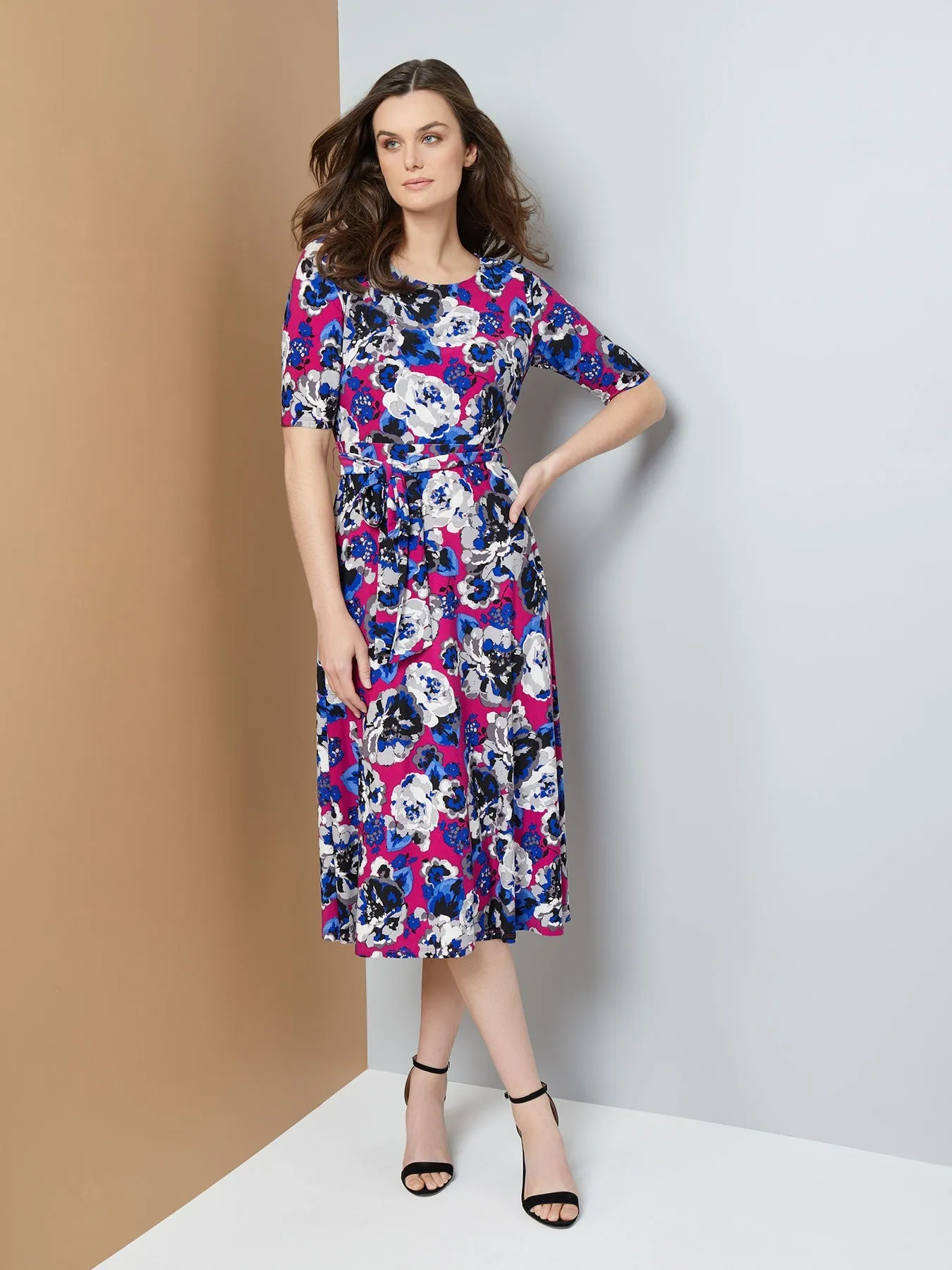 Belted Fit and Flare Jersey Knit Dress