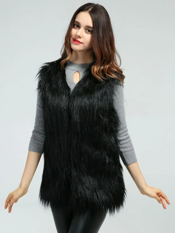Black Faux Fur Vest Sleeveless Jacket For Women