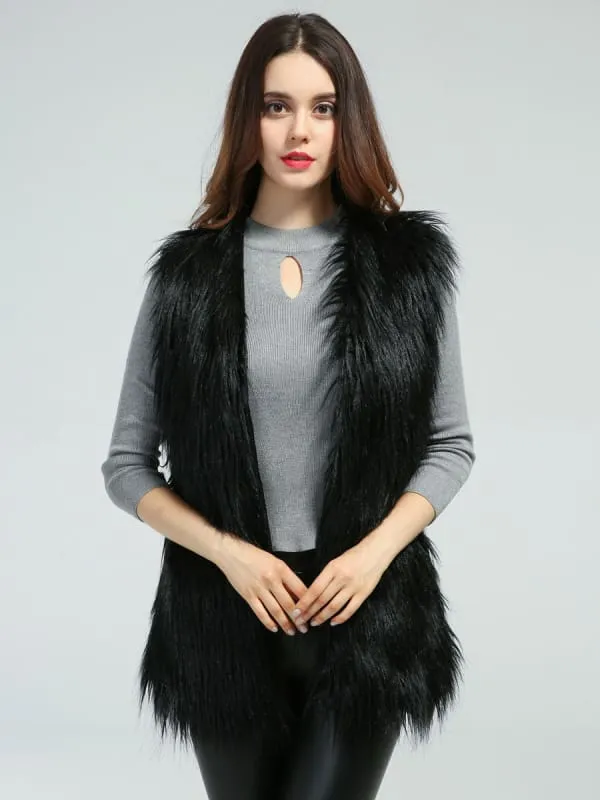Black Faux Fur Vest Sleeveless Jacket For Women