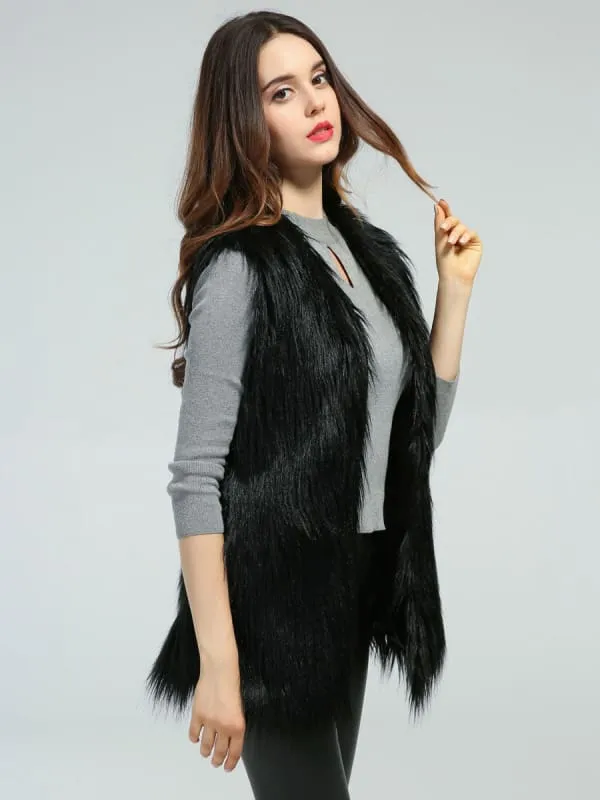 Black Faux Fur Vest Sleeveless Jacket For Women