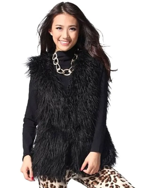 Black Faux Fur Vest Sleeveless Jacket For Women