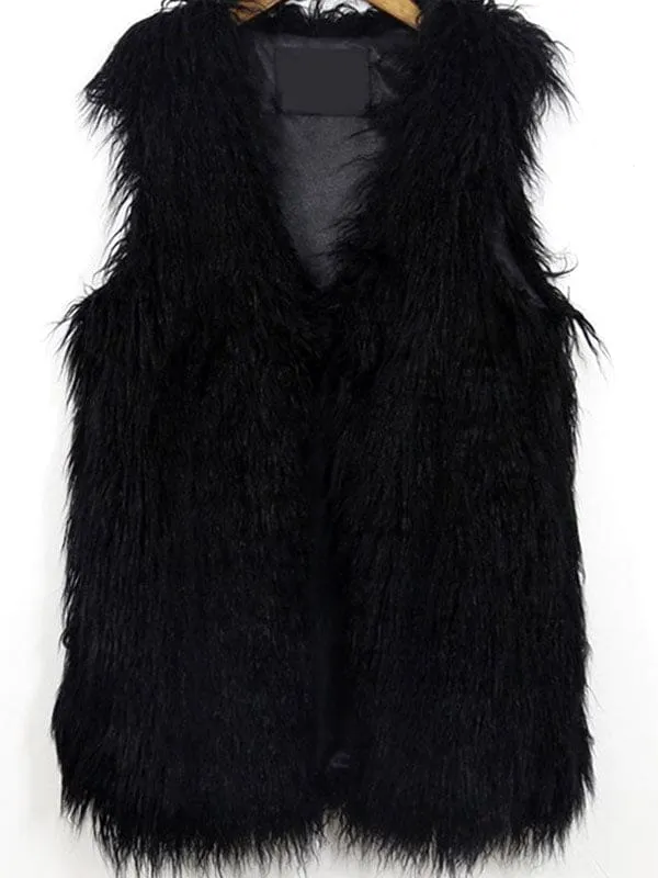 Black Faux Fur Vest Sleeveless Jacket For Women