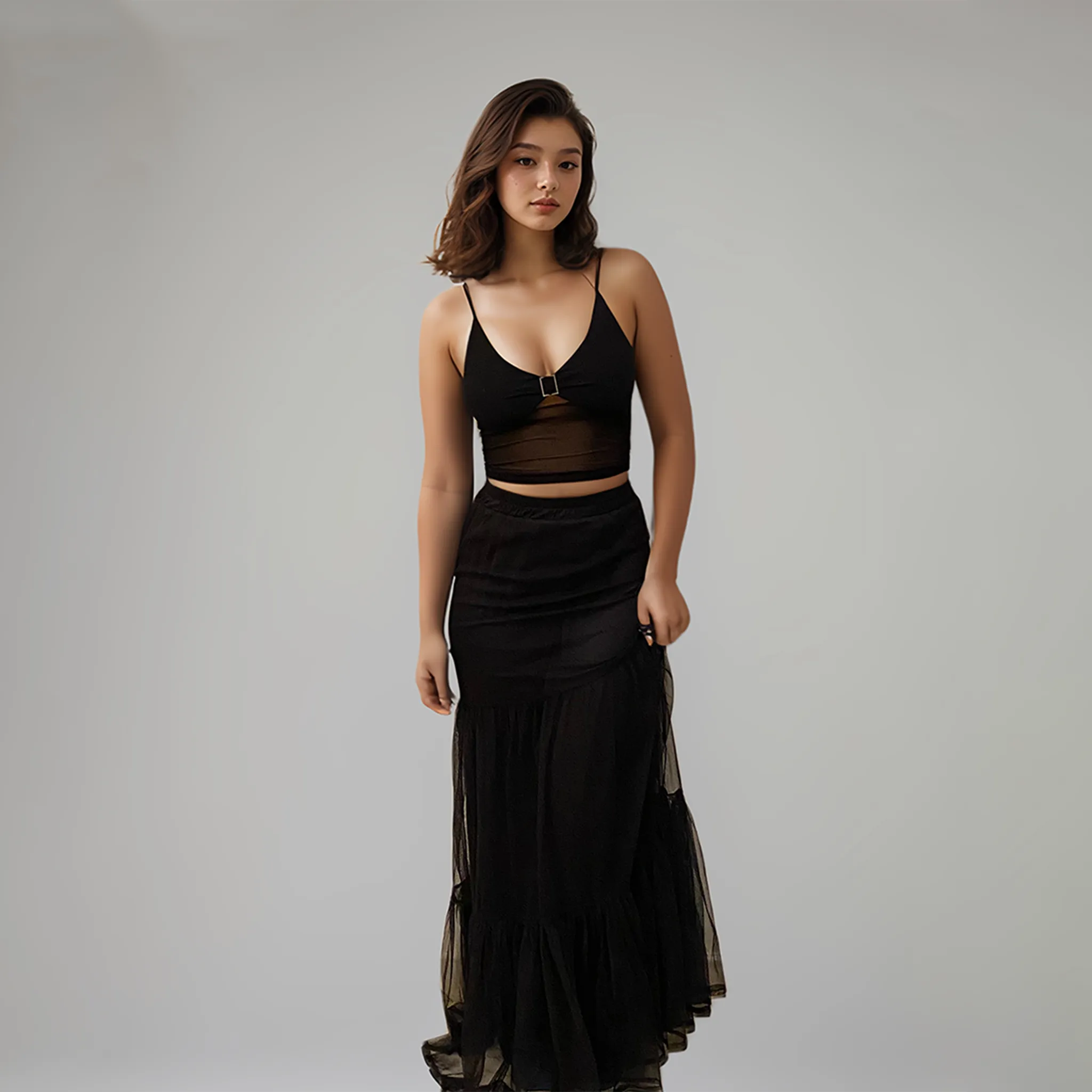 Black Mesh Top and Black Mesh Maxi Skirt