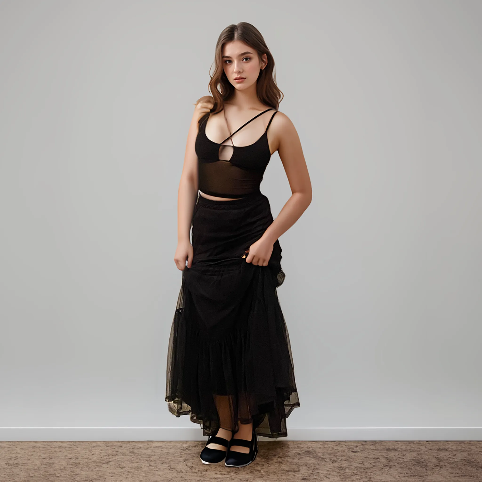 Black Mesh Top and Black Mesh Maxi Skirt