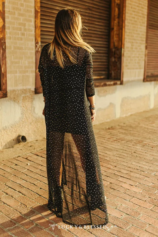 Black Rhinestone Mesh Hi Low Long Sleeve Kimono at Bourbon Cowgirl