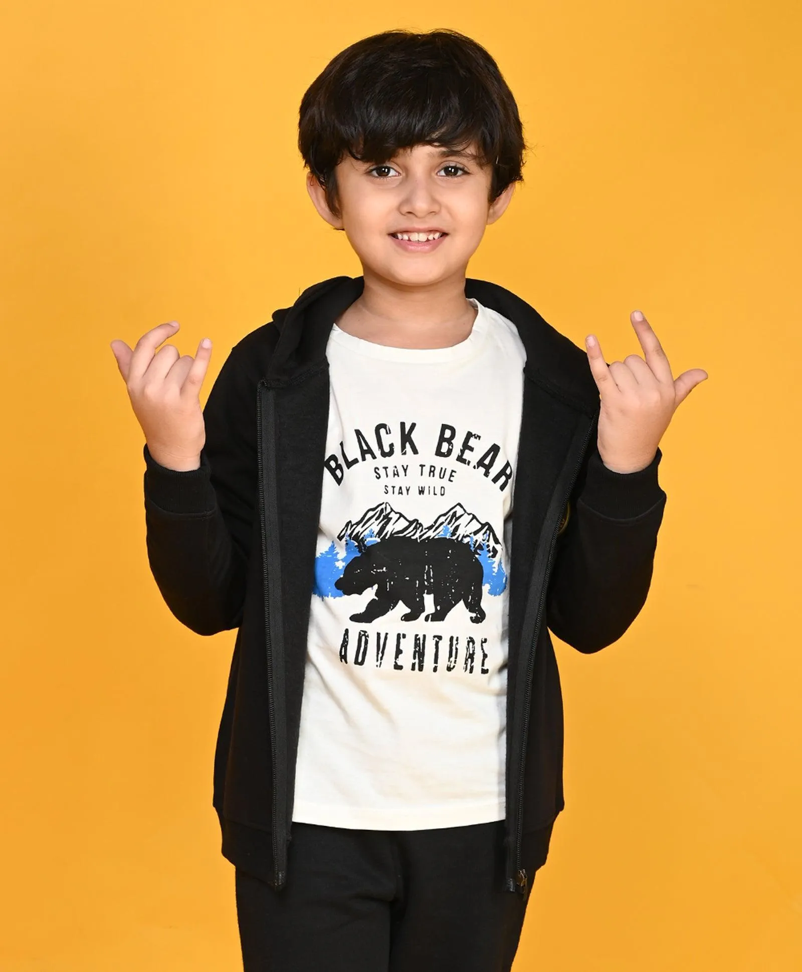 BLACK SPORTY BOYS FLEECE ZIPPER HOODIE - BLACK