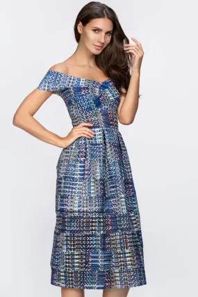 Blue Pattern Off the Shoulder Midi Dress