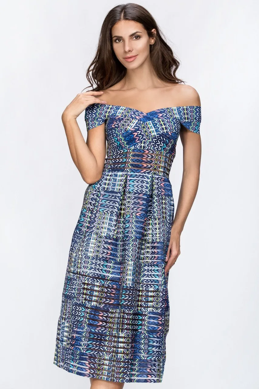 Blue Pattern Off the Shoulder Midi Dress