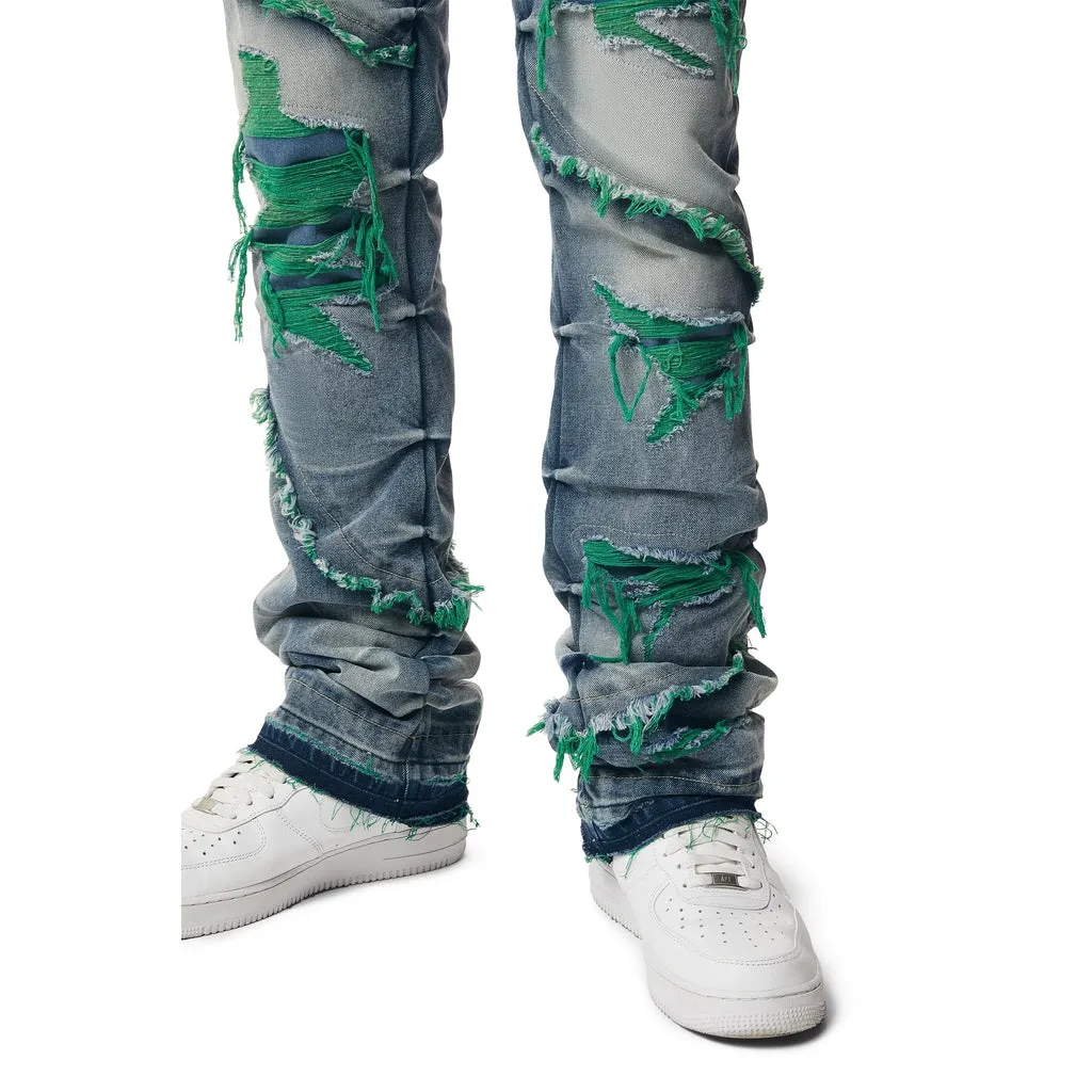 Heavyweight R&R Lazy Stacked Flared Jeans - Green Threaded Design