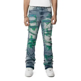 Heavyweight R&R Lazy Stacked Flared Jeans - Green Threaded Design