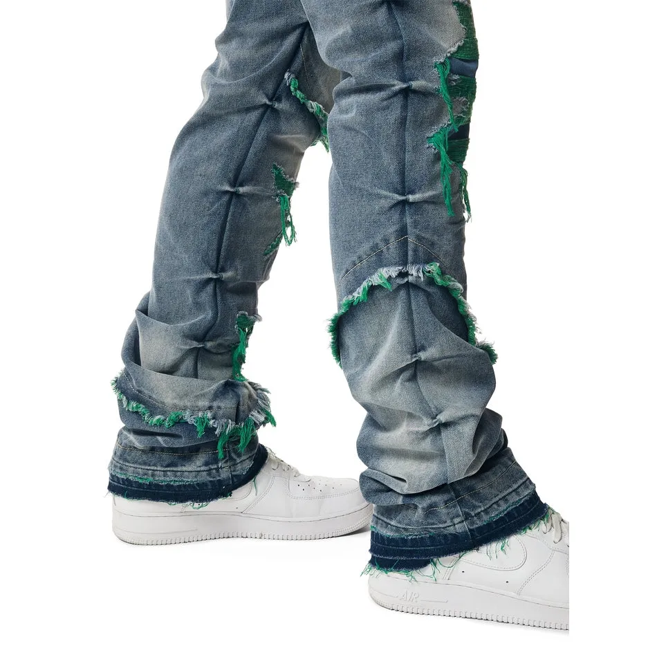 Heavyweight R&R Lazy Stacked Flared Jeans - Green Threaded Design