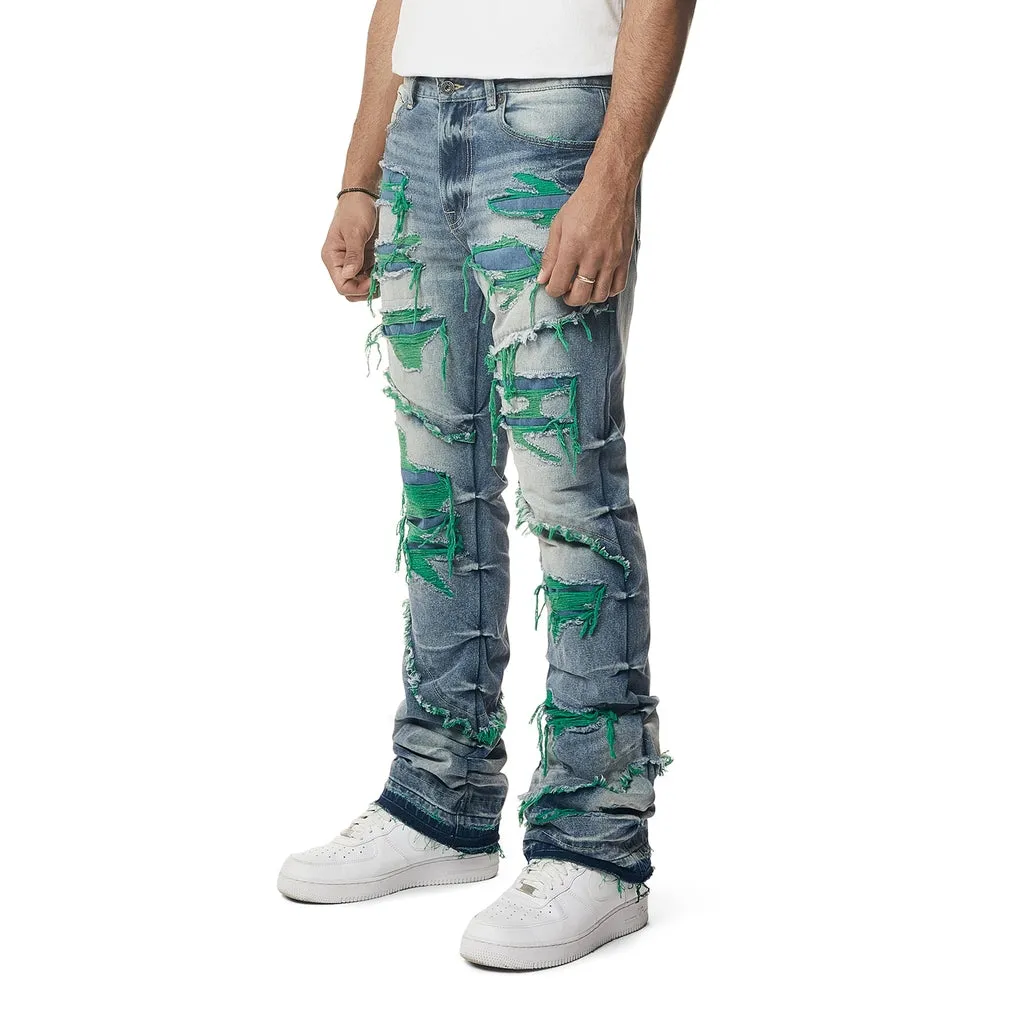 Heavyweight R&R Lazy Stacked Flared Jeans - Green Threaded Design