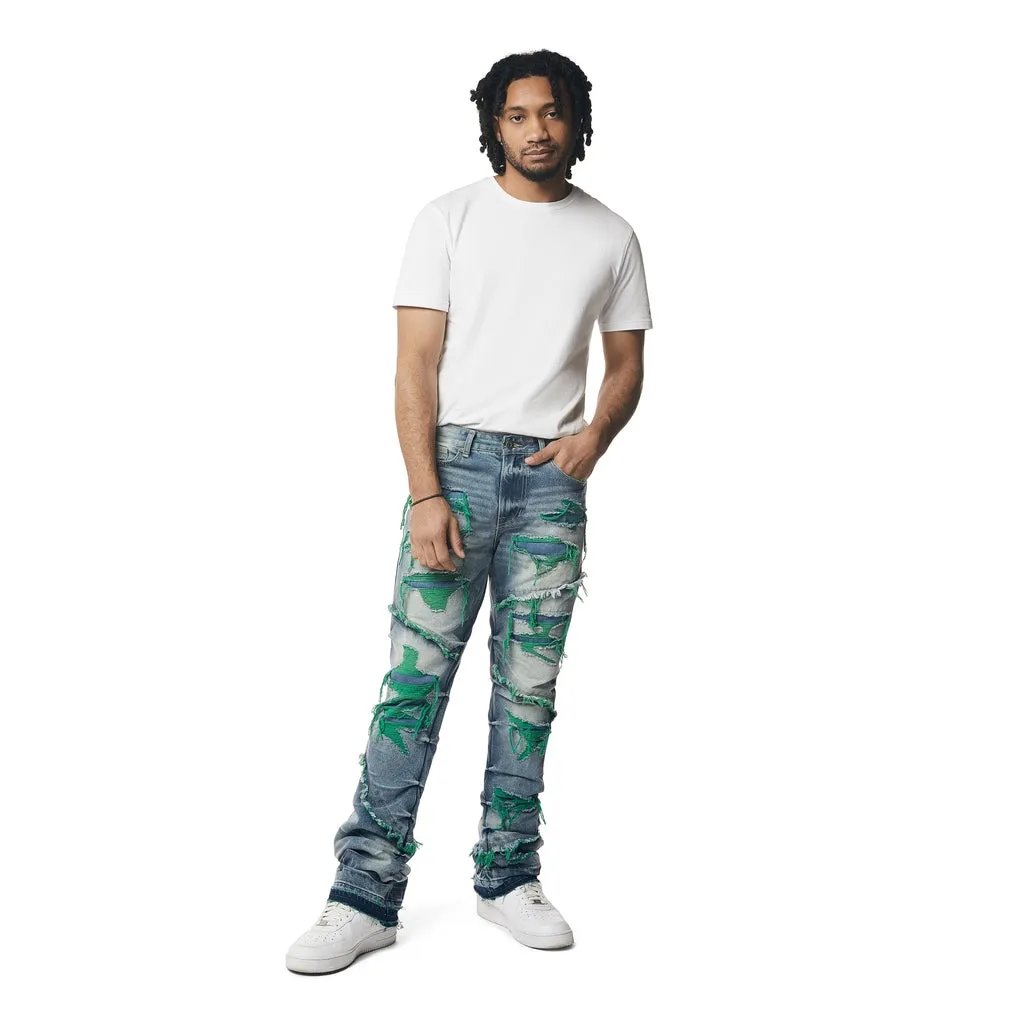 Heavyweight R&R Lazy Stacked Flared Jeans - Green Threaded Design