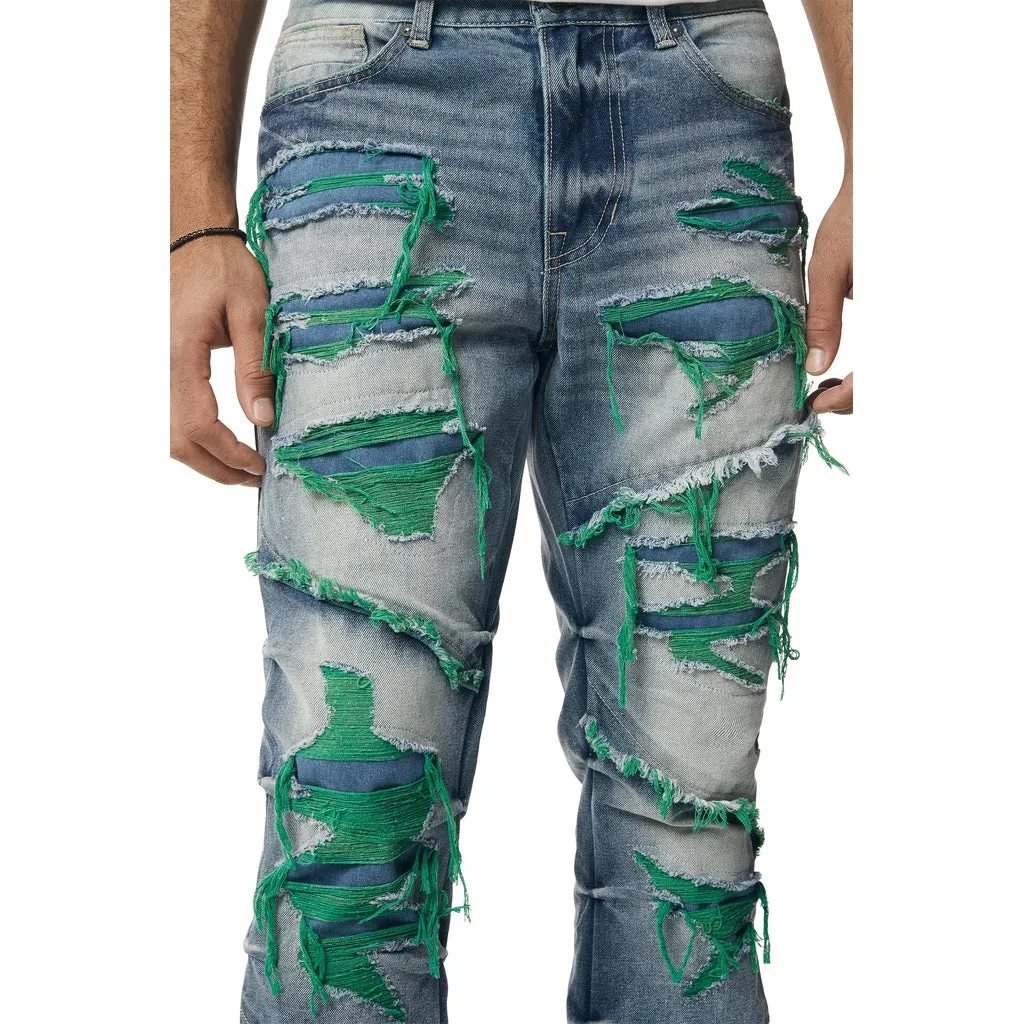 Heavyweight R&R Lazy Stacked Flared Jeans - Green Threaded Design