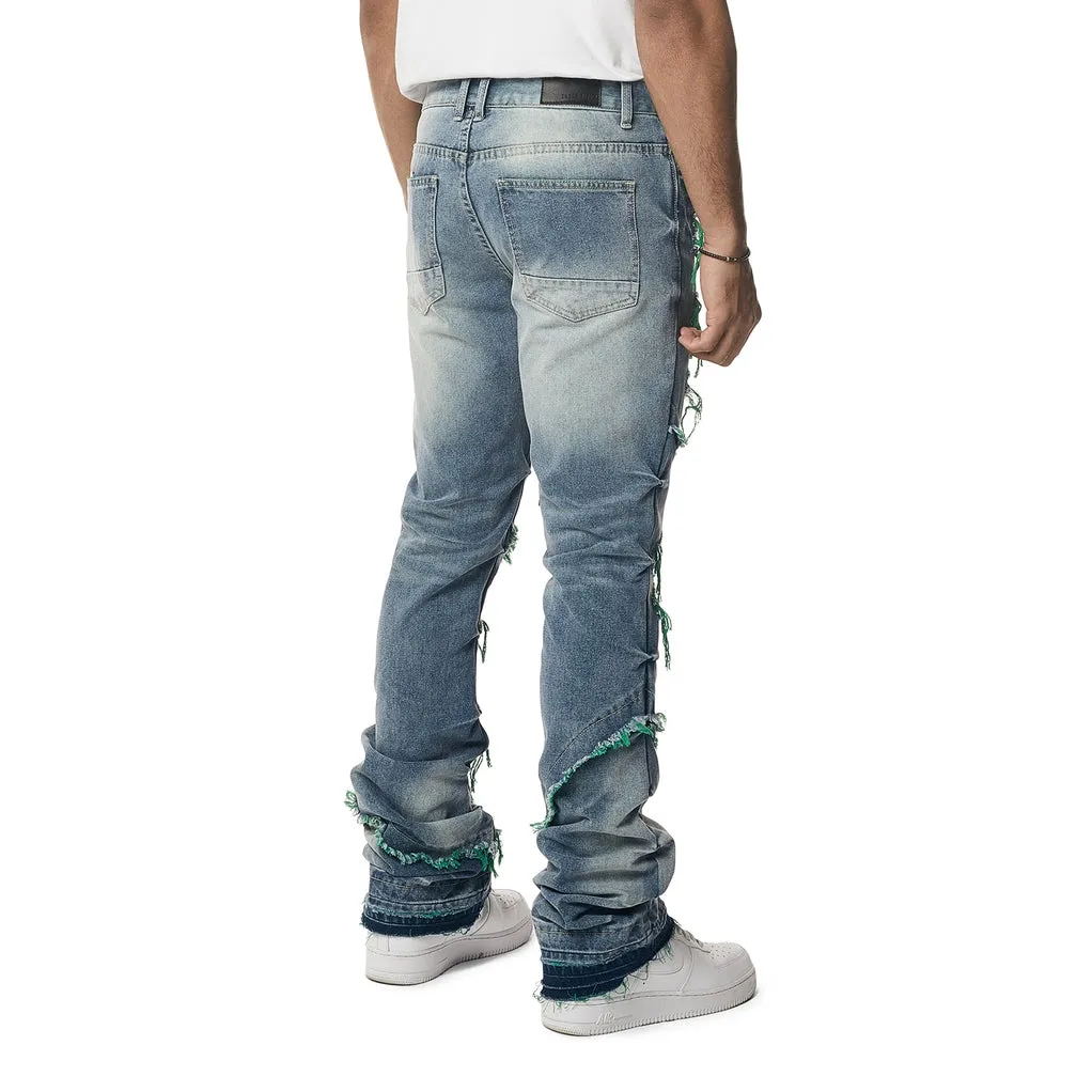 Heavyweight R&R Lazy Stacked Flared Jeans - Green Threaded Design