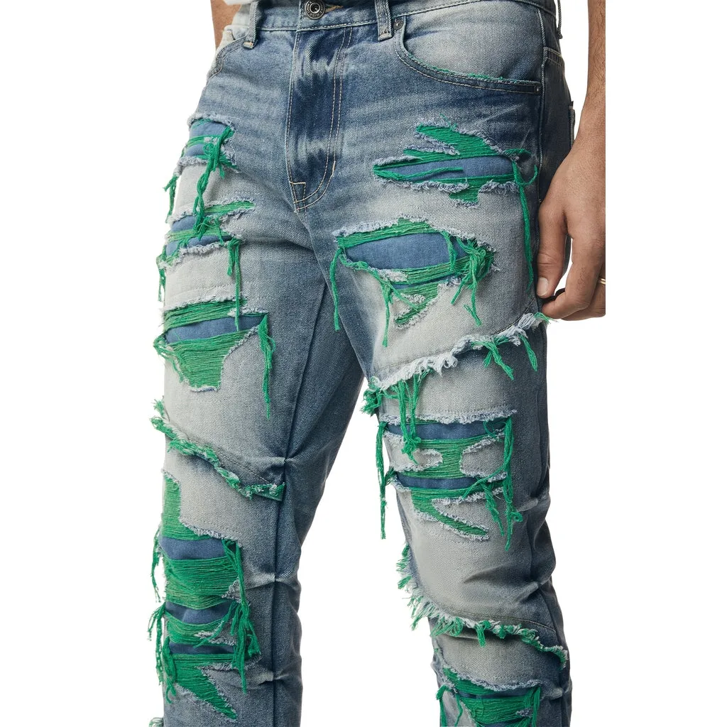 Heavyweight R&R Lazy Stacked Flared Jeans - Green Threaded Design