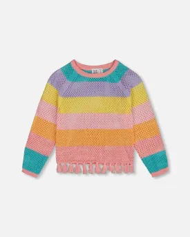 Cotton Sweater With Fringe Multicolor Stripes