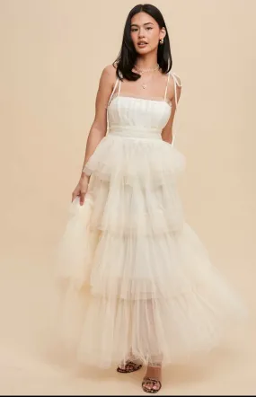 Creme Tiered Mesh Ruffle Dress