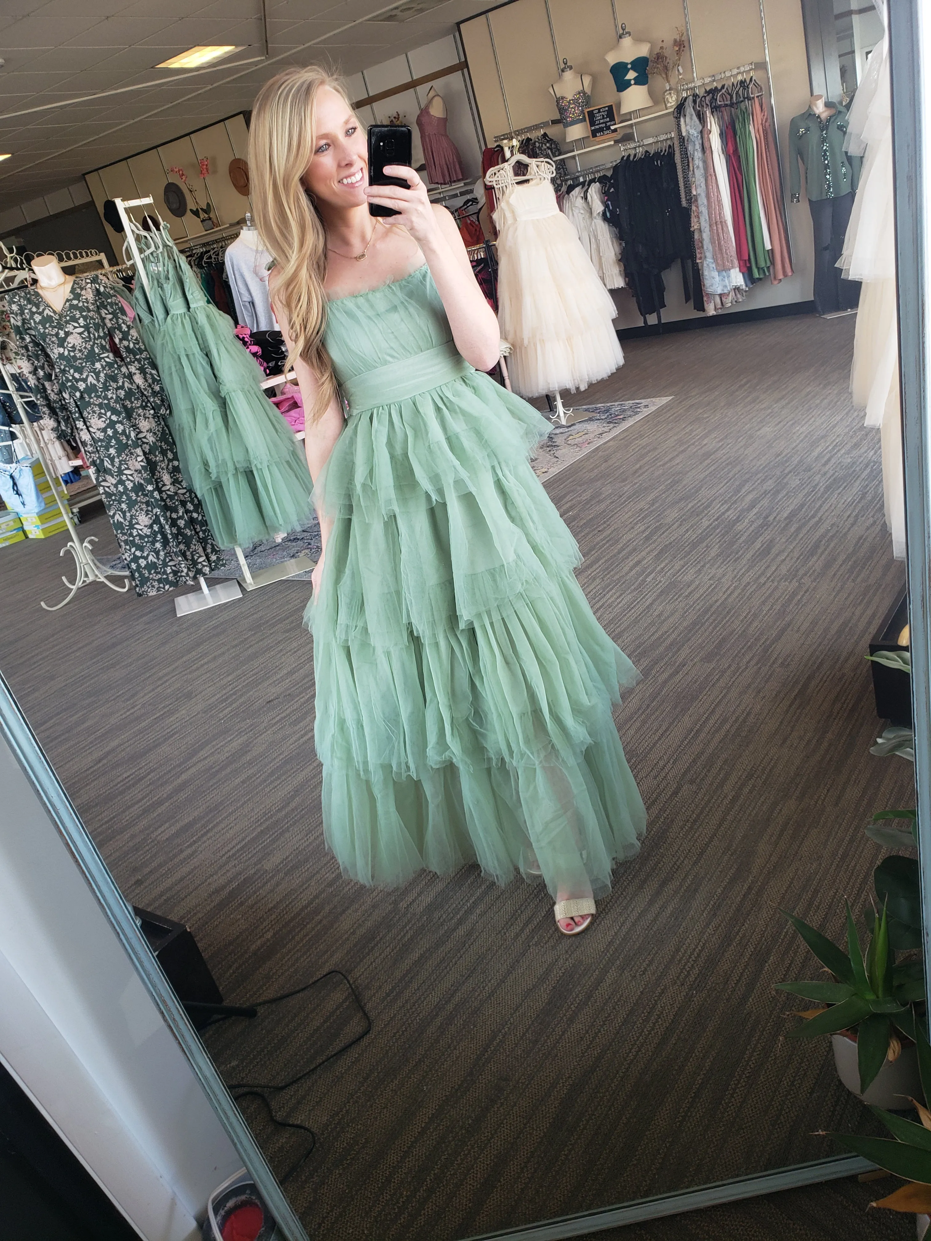 Creme Tiered Mesh Ruffle Dress
