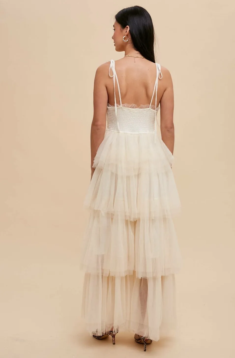 Creme Tiered Mesh Ruffle Dress