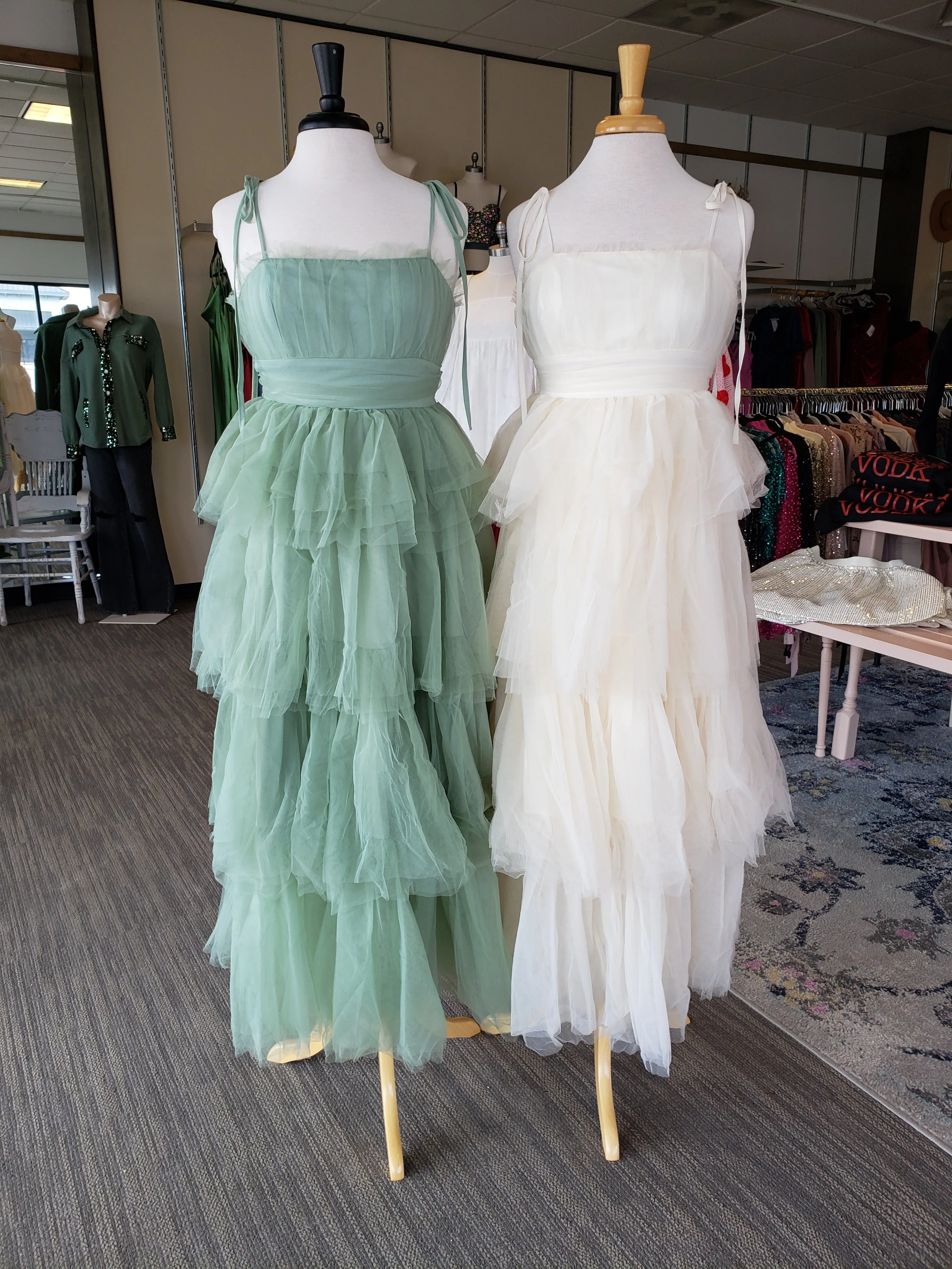 Creme Tiered Mesh Ruffle Dress