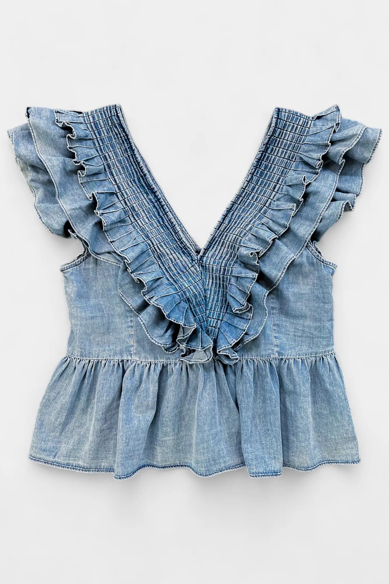Denim V-Neck Ruffle Sleeve Top