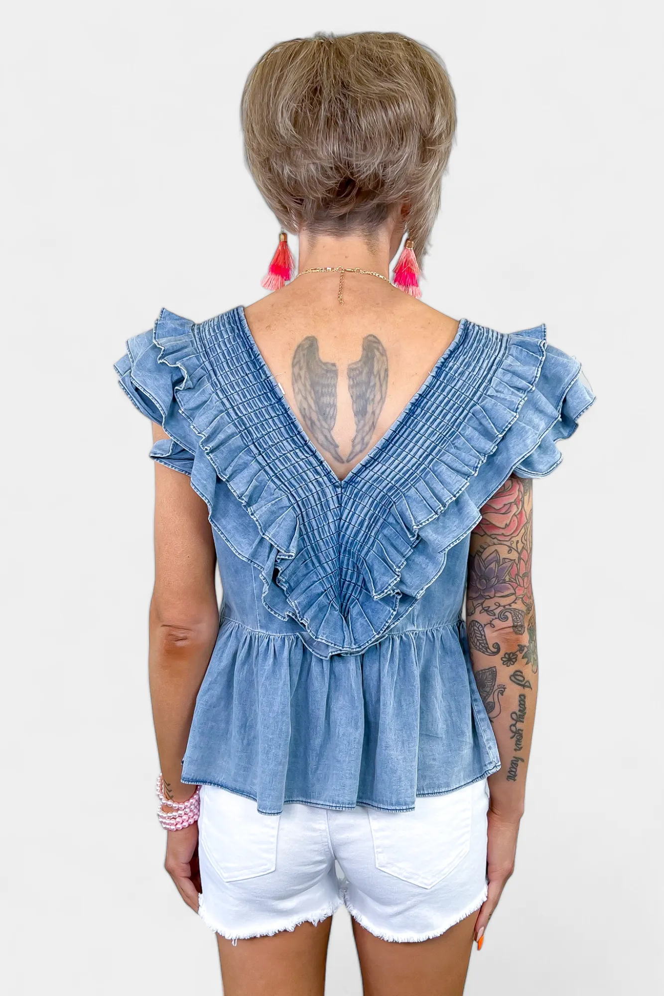 Denim V-Neck Ruffle Sleeve Top