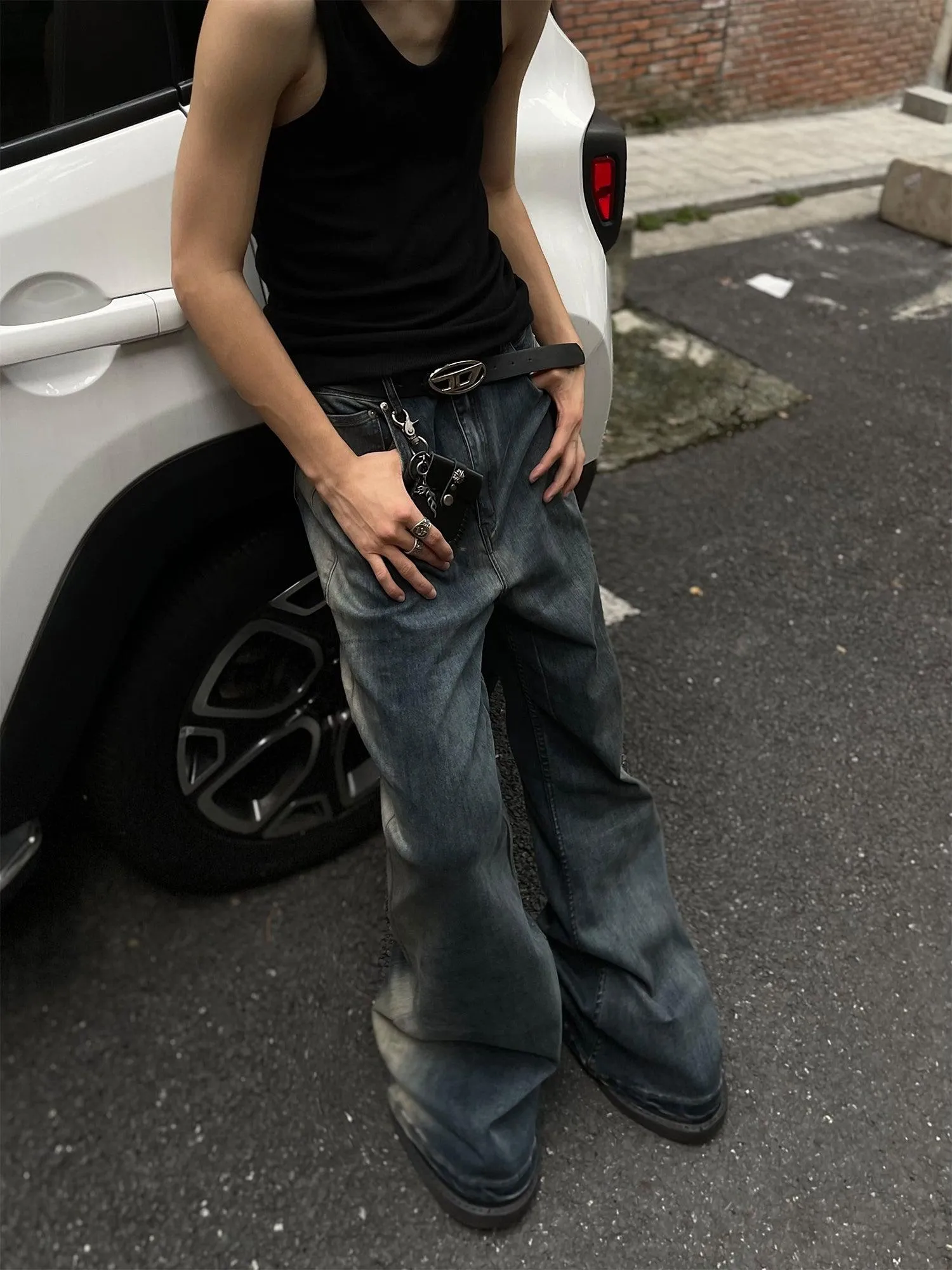 Elastic Side Washed Flare Leg Jeans