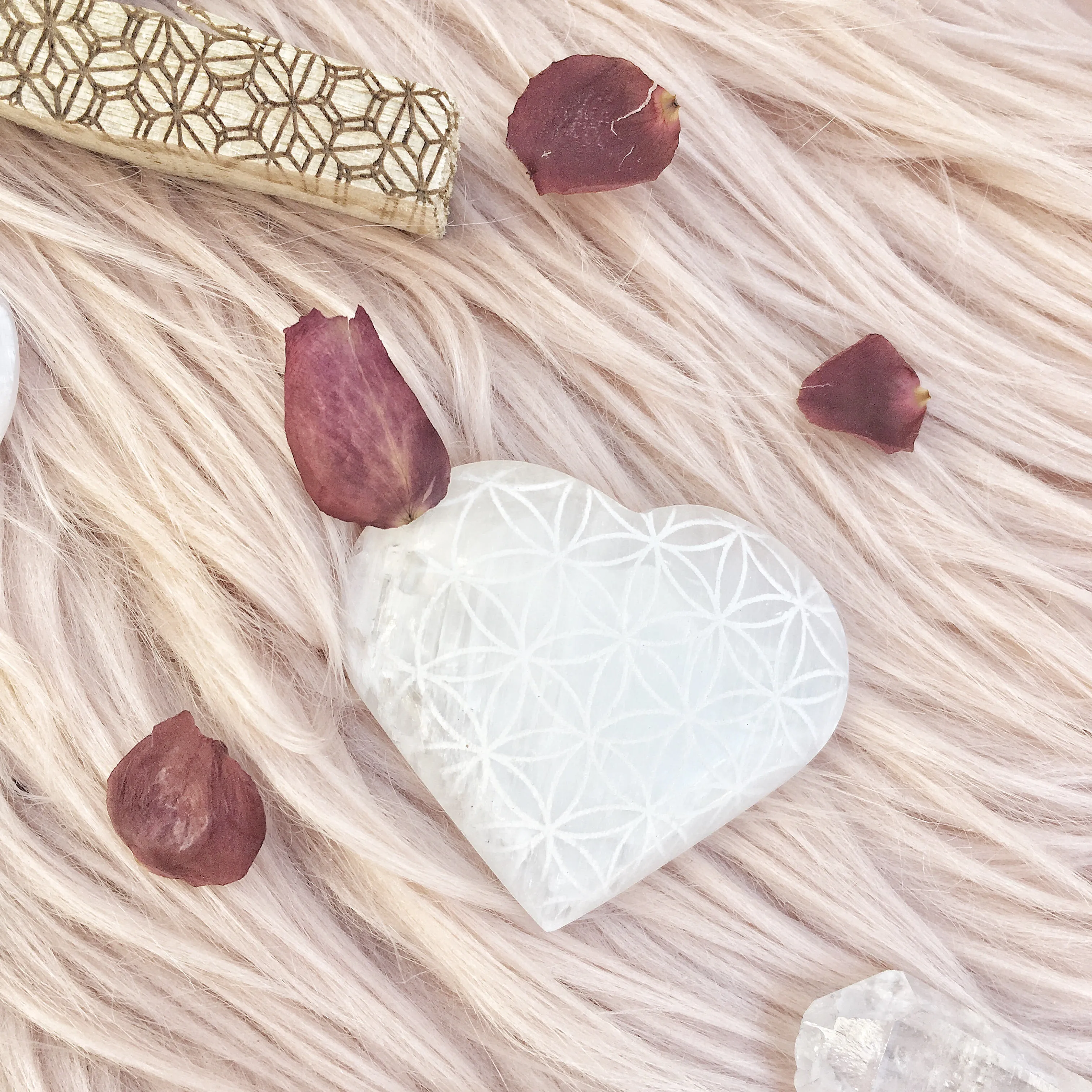Etched Selenite Heart "Flower of Life"