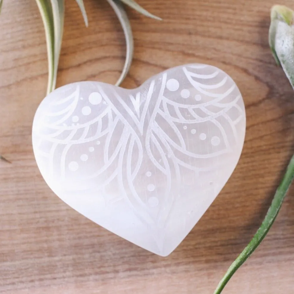 Etched Selenite Heart "Lotus Belle"