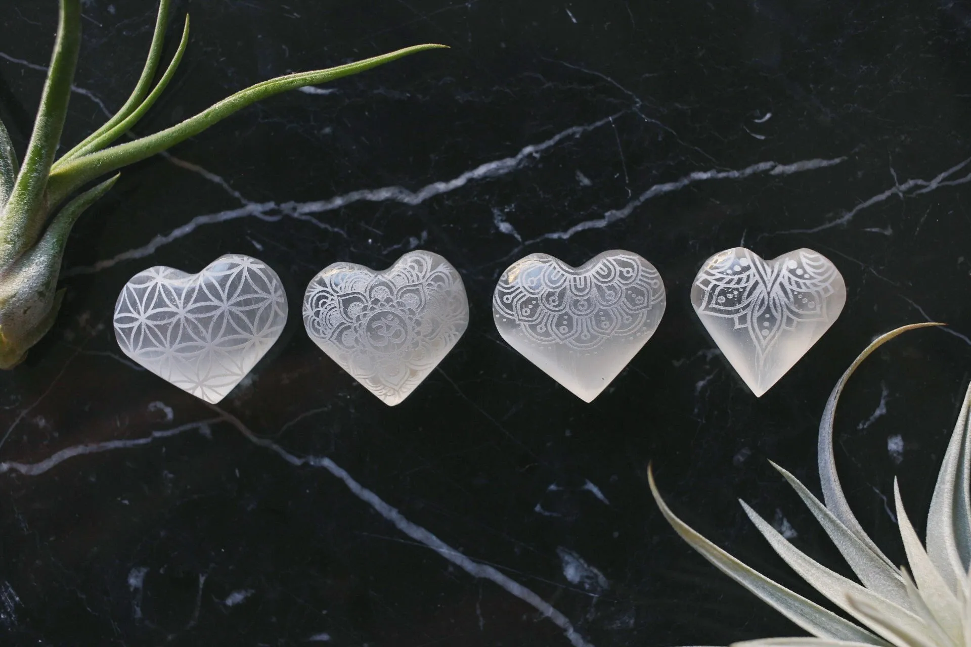Etched Selenite Heart "Lotus Belle"