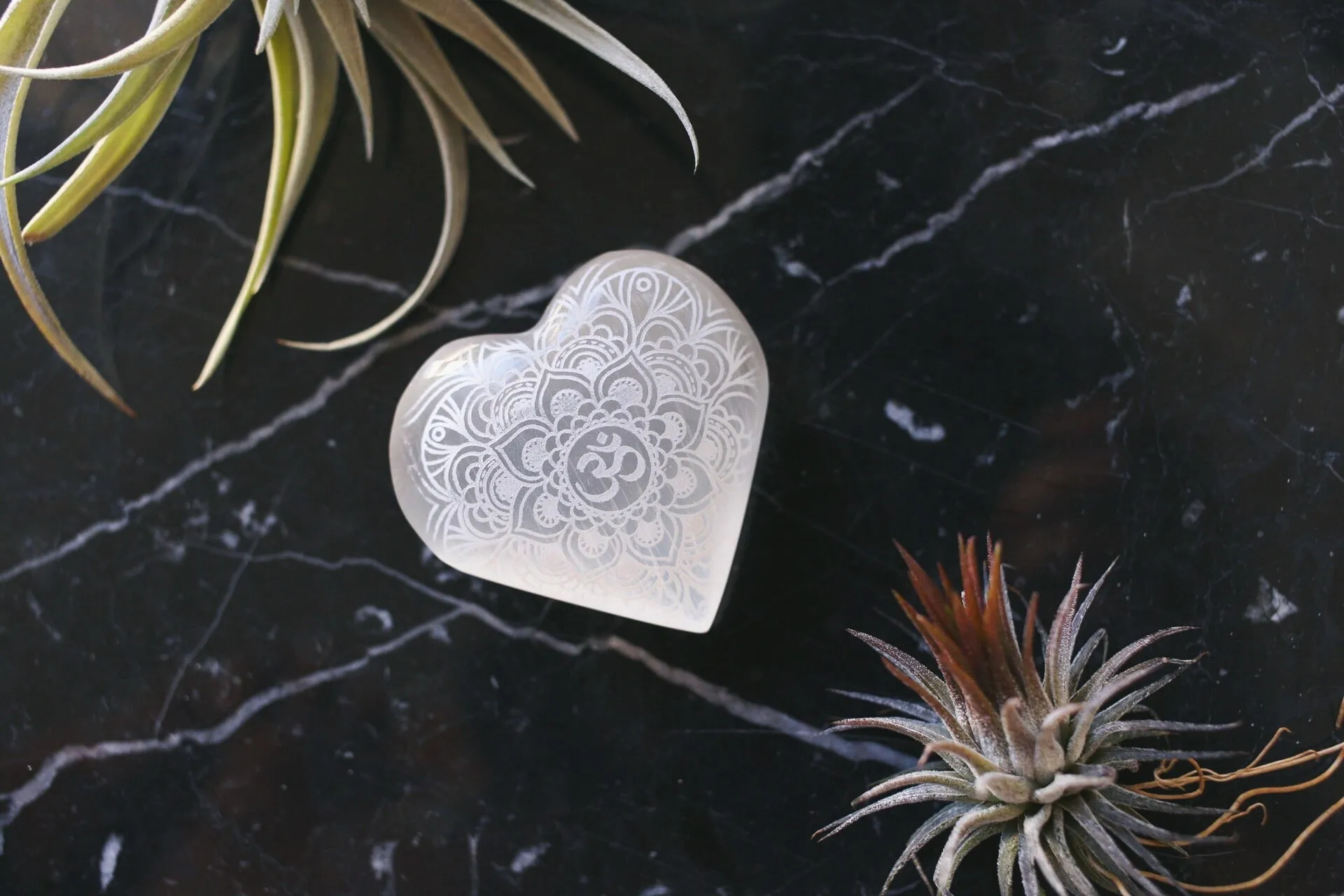Etched Selenite Heart "Om Mandala"