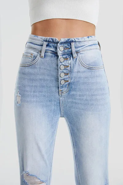 Explore More Collection - BAYEAS Full Size Distressed Raw Hem High Waist Flare Jeans