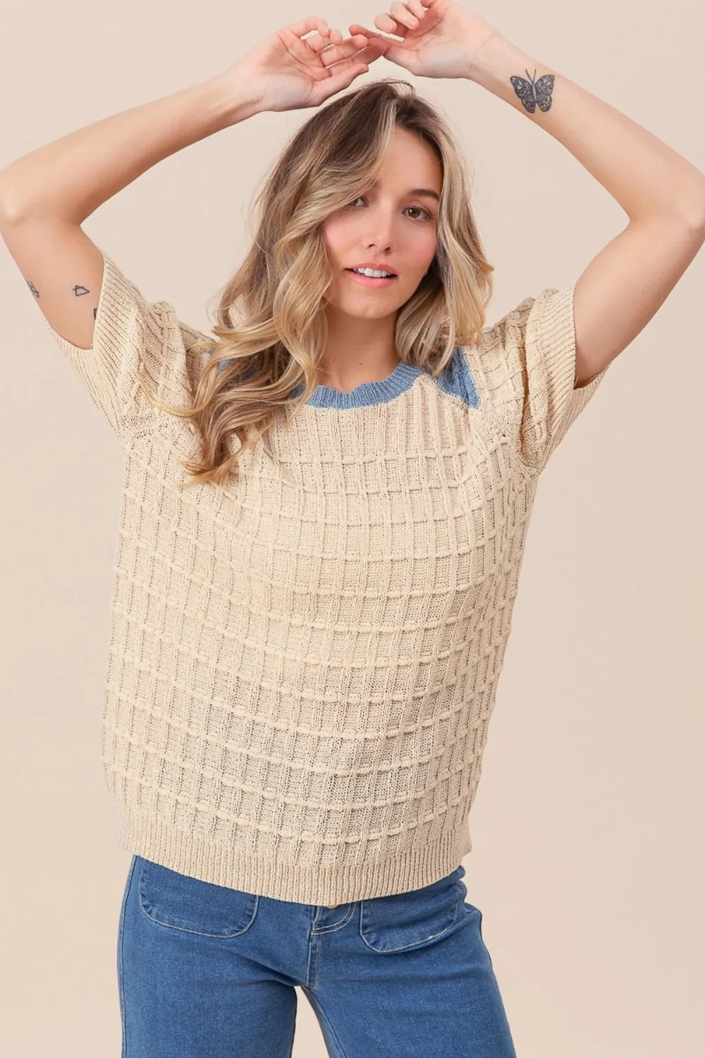 Explore More Collection - BiBi Textured Contrast Short Sleeve Sweater