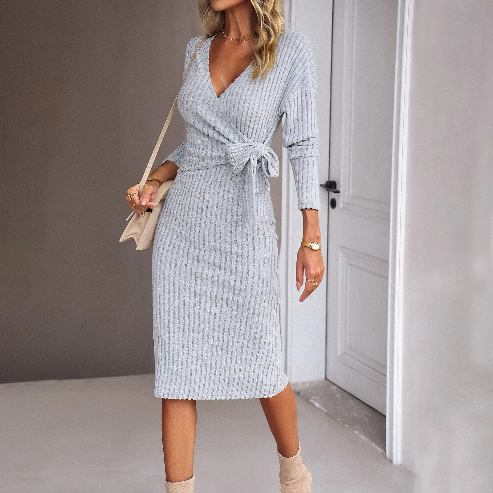 Fashion V-Neck Knitted Tied Dress