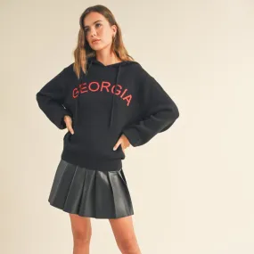 Womens Black Knit Puff Sleeve Hoodie with Bold Red Georgia Lettering - Perfect for Game Day