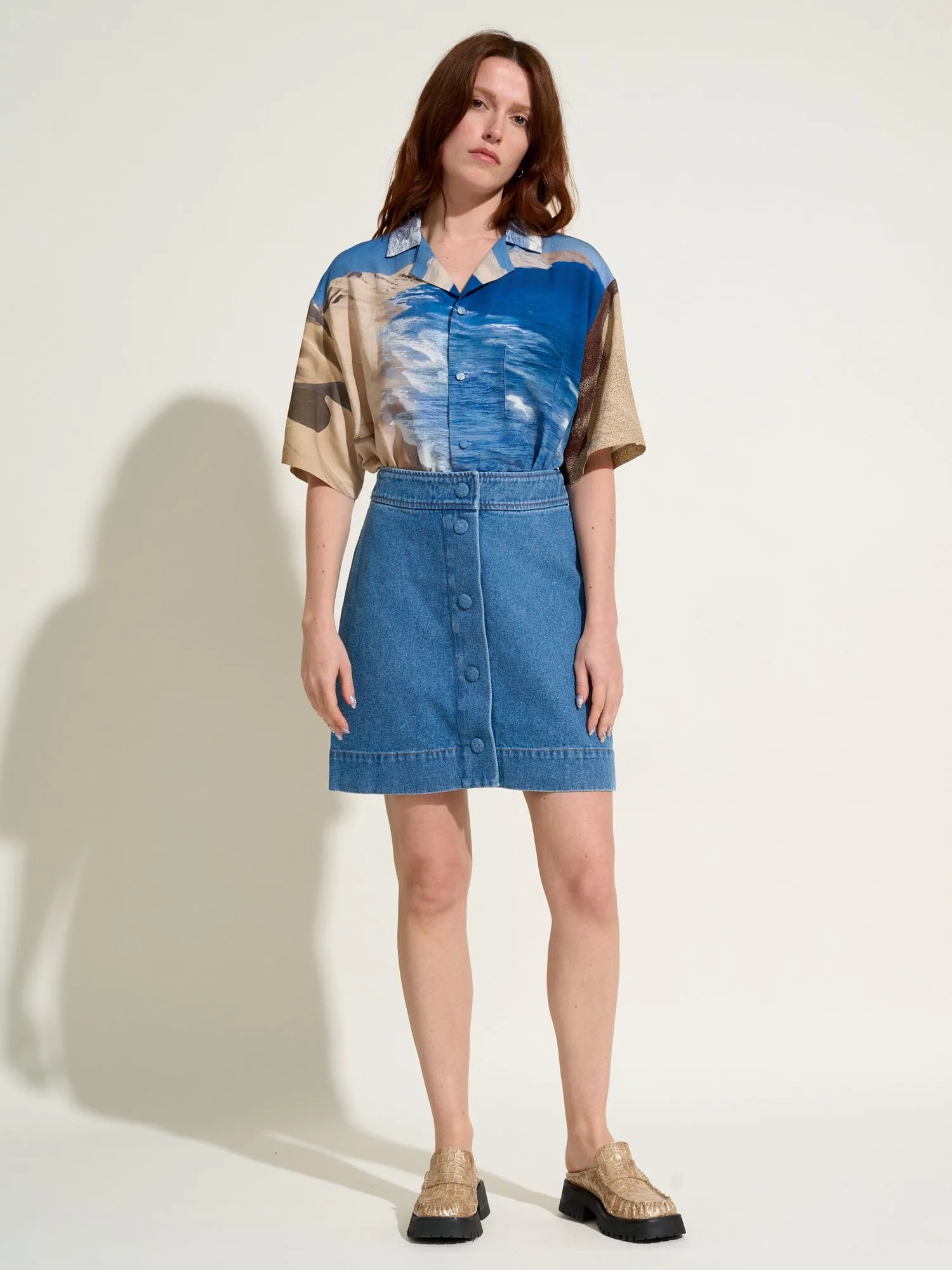 JOHANNE - Mini jupe boutonnée en denim délavé Oeko-Tex Bleu